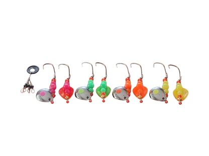 Neon glow #2 kokanee and trout spinners w/ Hyper vis