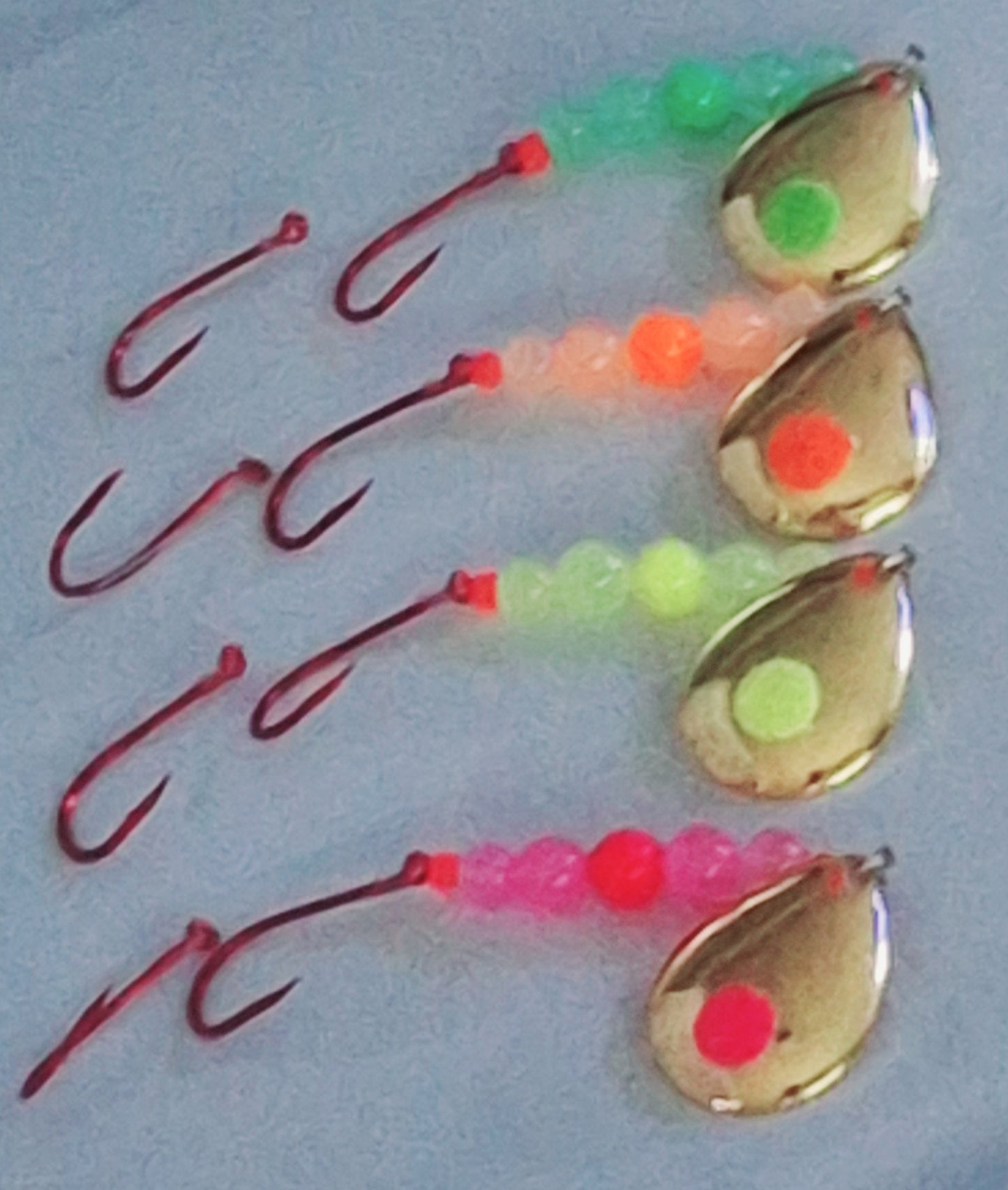 Neon glow #2 kokanee and trout spinners w/ Hyper vis